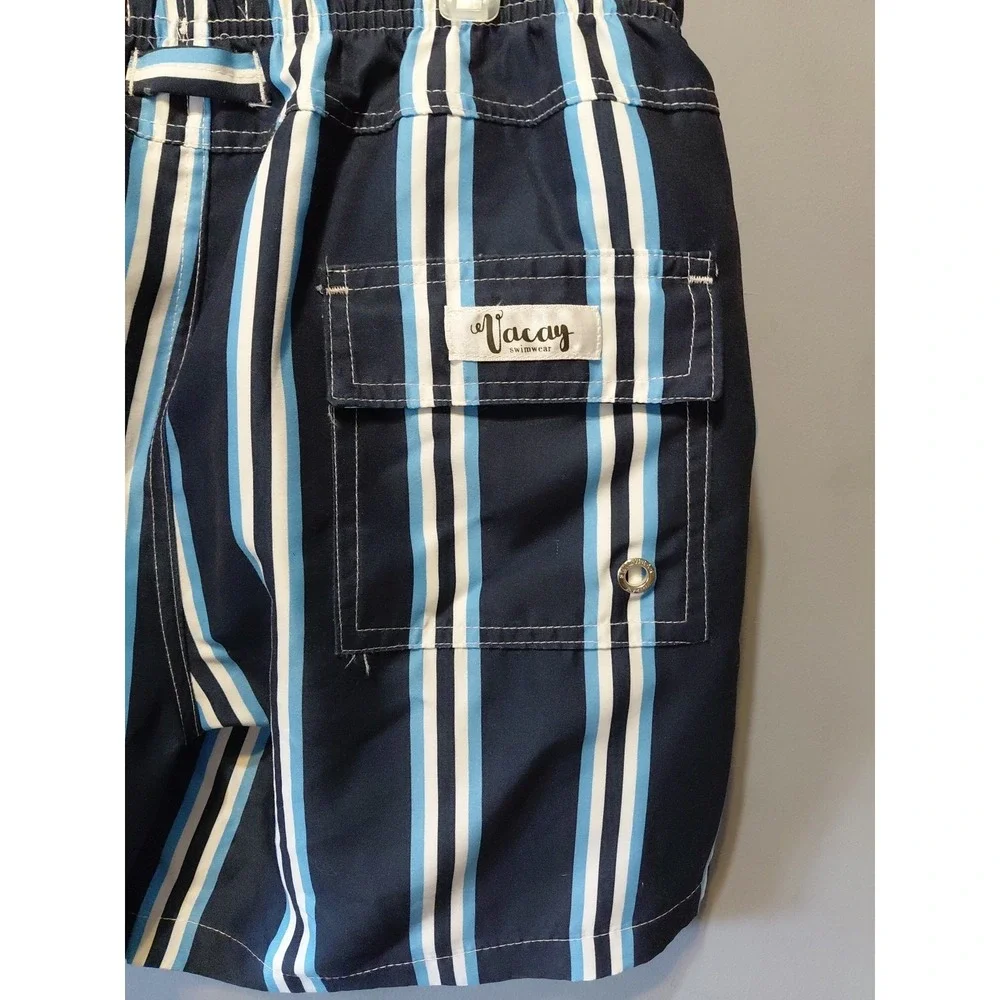 Vacay Swim Trunks Mens XL Blue Striped Shorts Elastic/Drawstring Pockets Surfer